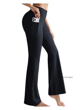 Ribbed High Waist Flare Yoga Pants with Side Pockets